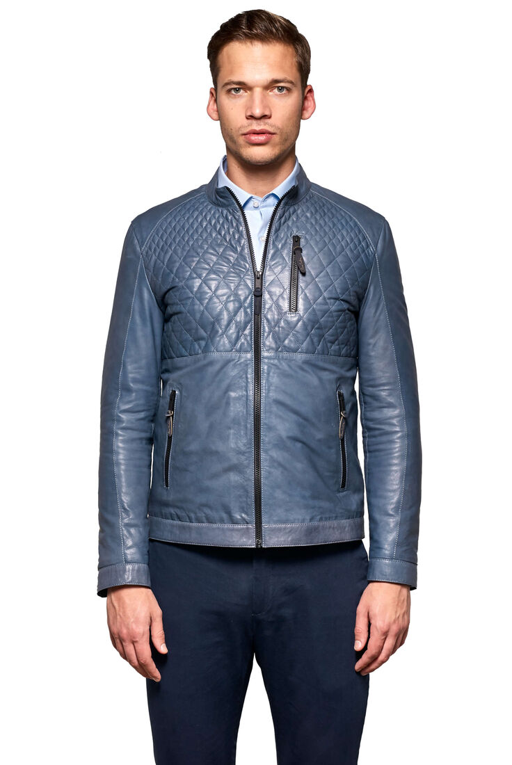 Men's Dark Blue Mao Collar Slim Leather Jacket | New Season ...